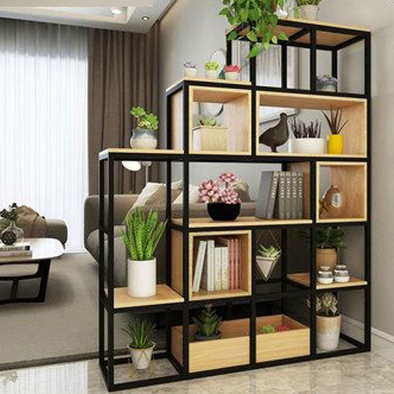 استند گلدان و شلف پایه‌دار با بدنه فلزی کوره‌ای و صفحه‌های MDF، مناسب کتابخانه و دکور کنار دیوار یا وسط خانه، ابعاد 120x28x150 سانتی‌متر، وزن 47000 گرم، کد 19368